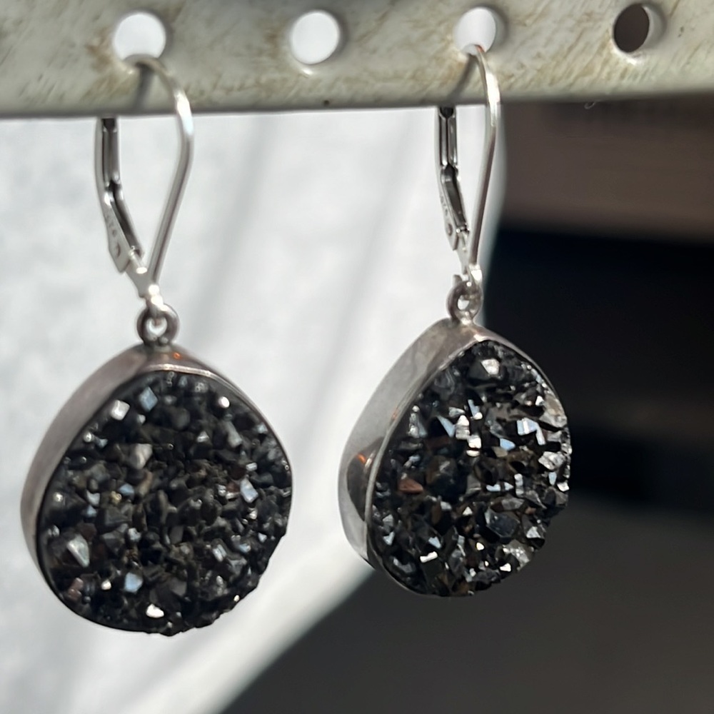 Starborn black onyx super sparkly druzy rounded, teardrop shaped earrings